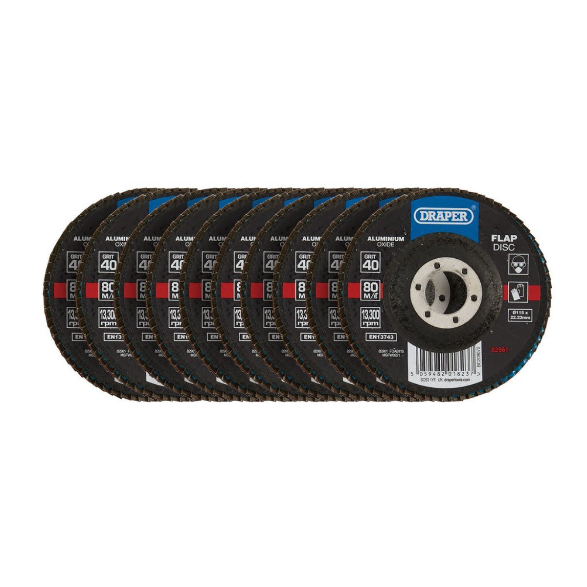 Draper Aluminium Oxide Flap Discs, 115 x 22.23mm, 40 Grit (Pack of 10) 82961