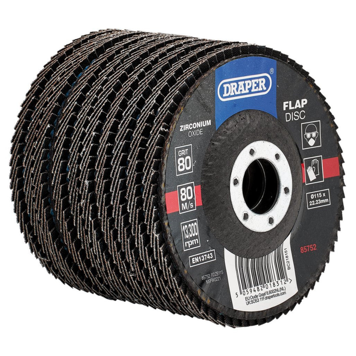 Draper Zirconium Oxide Flap Discs, 115 x 22.23mm, 80 Grit (Pack of 10) 85752