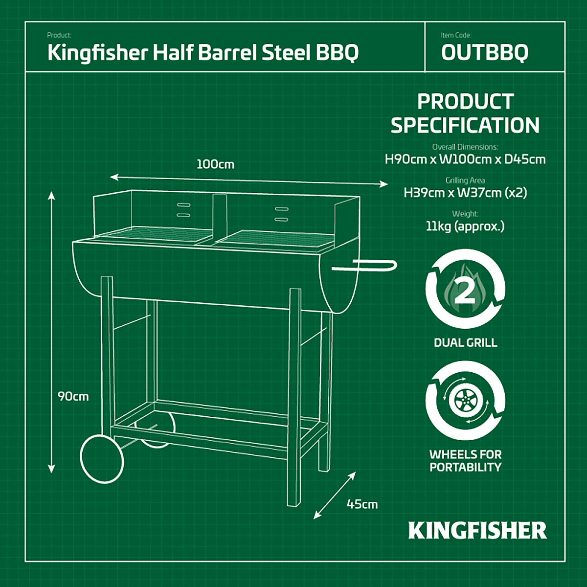 Kingfisher Half Barrel Steel BBQ OUTBBQ