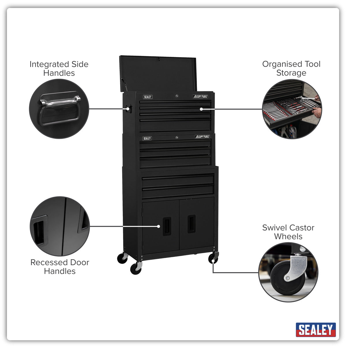 American PRO Topchest, Mid-Box Tool Chest & Rollcab Stack 9 Drawer - Black AP2200BKSTACK