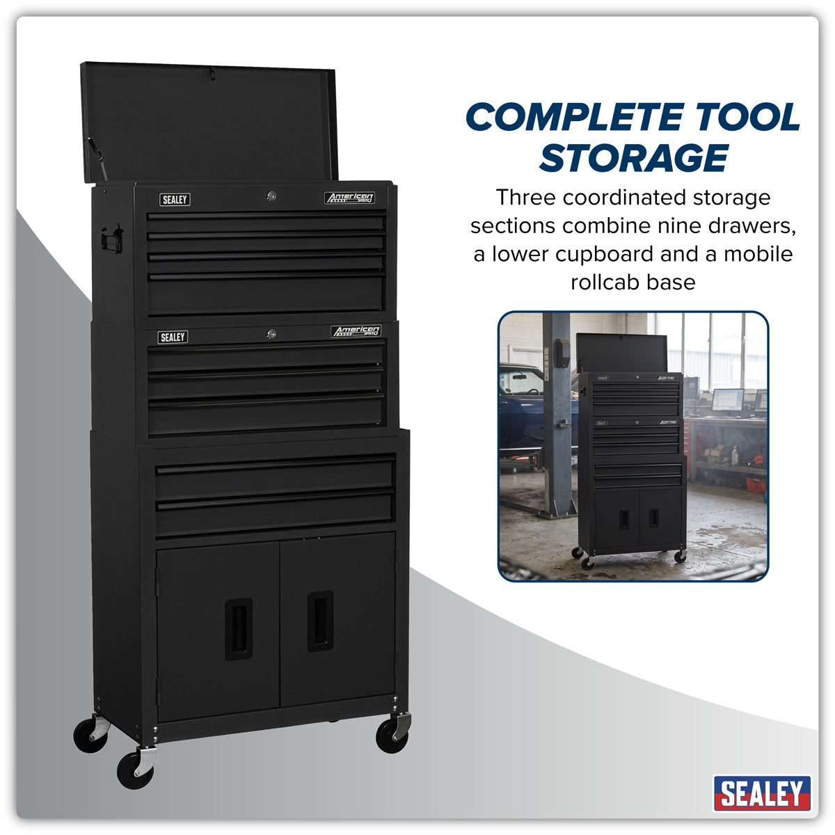 American PRO Topchest, Mid-Box Tool Chest & Rollcab Stack 9 Drawer - Black AP2200BKSTACK