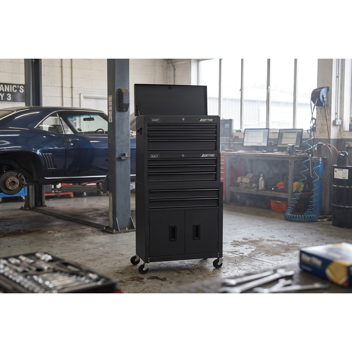 American PRO Topchest, Mid-Box Tool Chest & Rollcab Stack 9 Drawer - Black AP2200BKSTACK