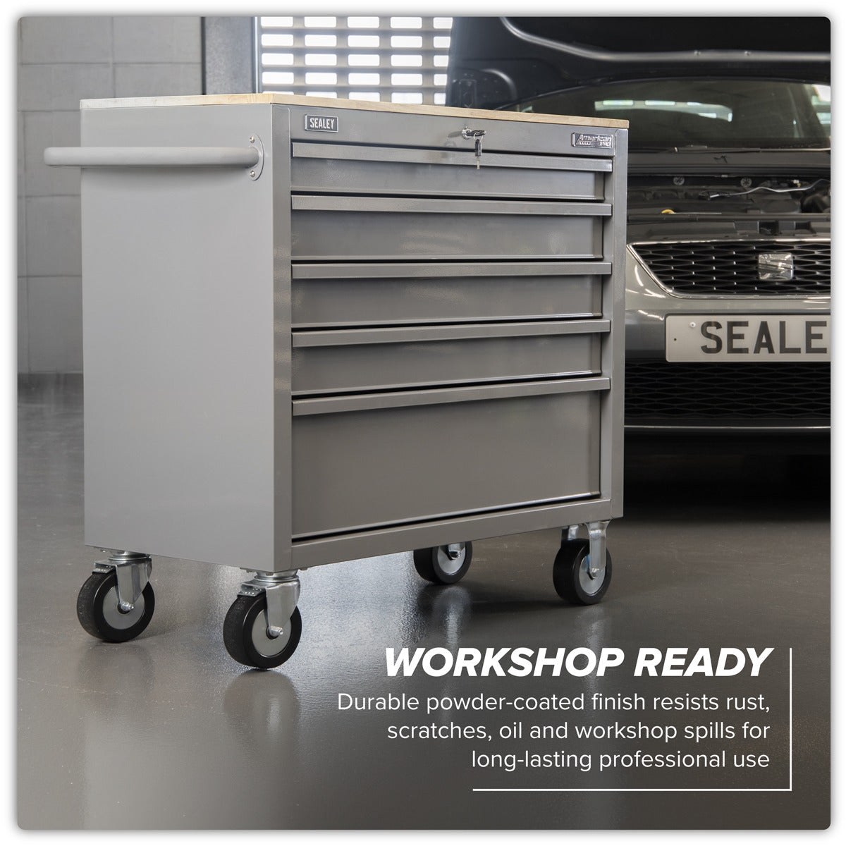 American PRO Mobile Workstation with Wooden Worktop 5 Drawer - Grey APMWS1G