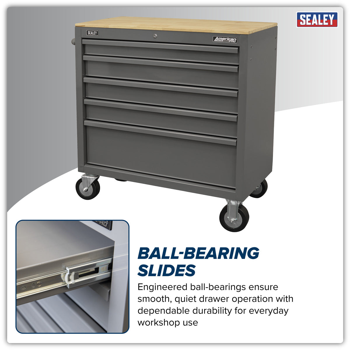 American PRO Mobile Workstation with Wooden Worktop 5 Drawer - Grey APMWS1G