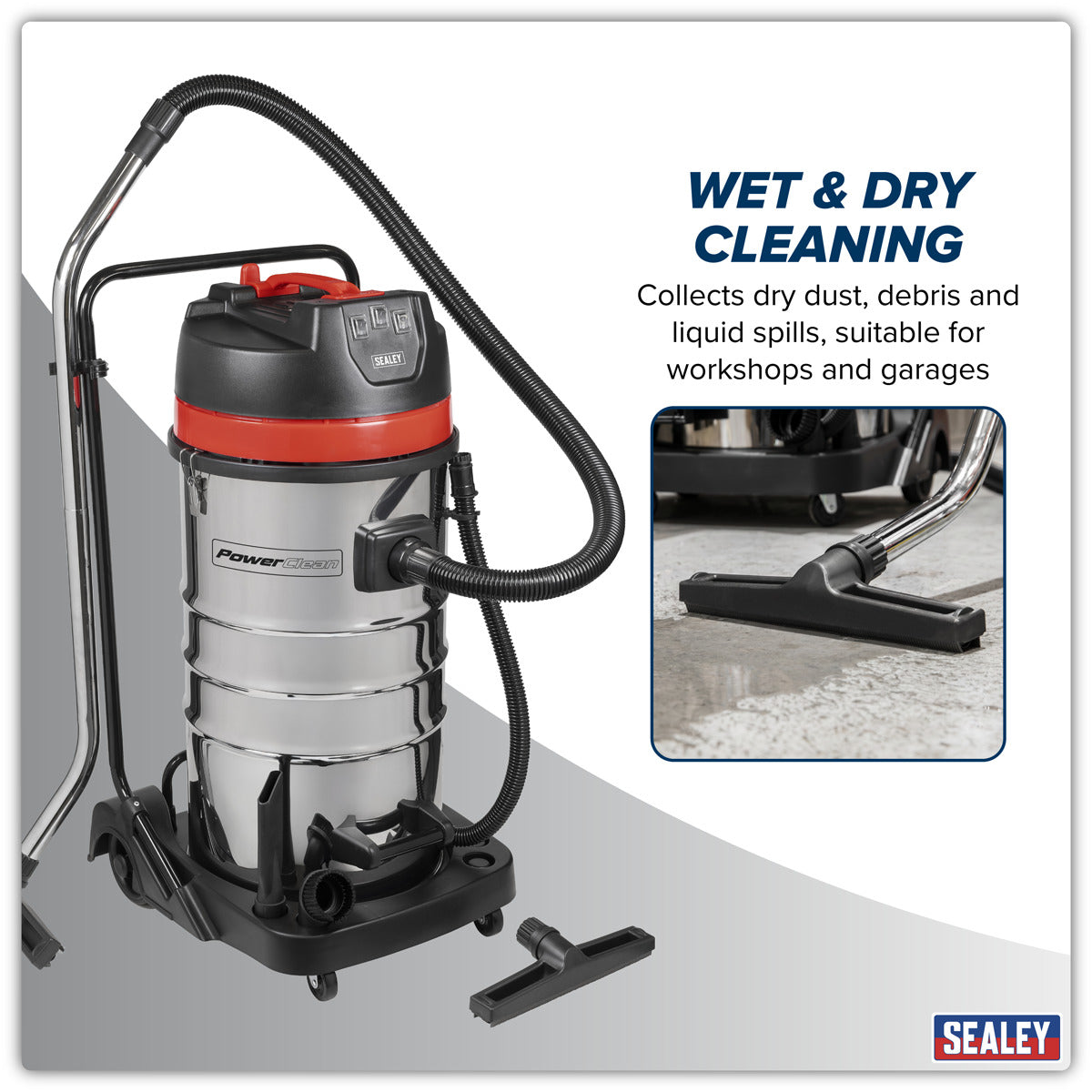 Sealey 100L Vacuum Cleaner Wet & Dry with Stainless Steel Drum 3000W/230V PC4100