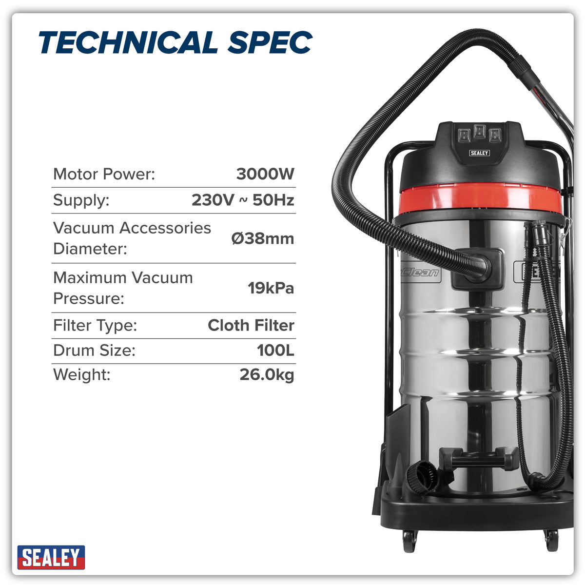 Sealey 100L Vacuum Cleaner Wet & Dry with Stainless Steel Drum 3000W/230V PC4100