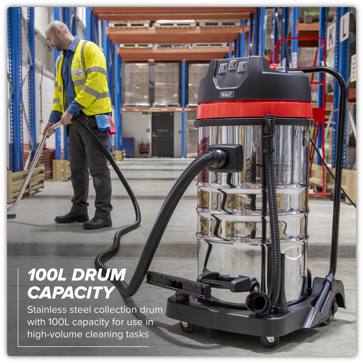 Sealey 100L Vacuum Cleaner Wet & Dry with Stainless Steel Drum 3000W/230V PC4100