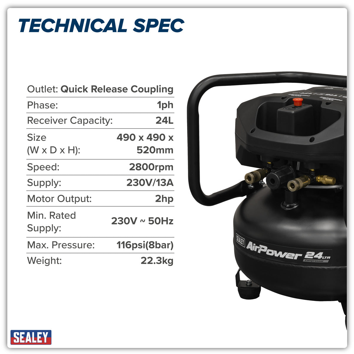 Sealey 24L Oil Free Belt Drive Vertical Compressor 2hp SAC24V