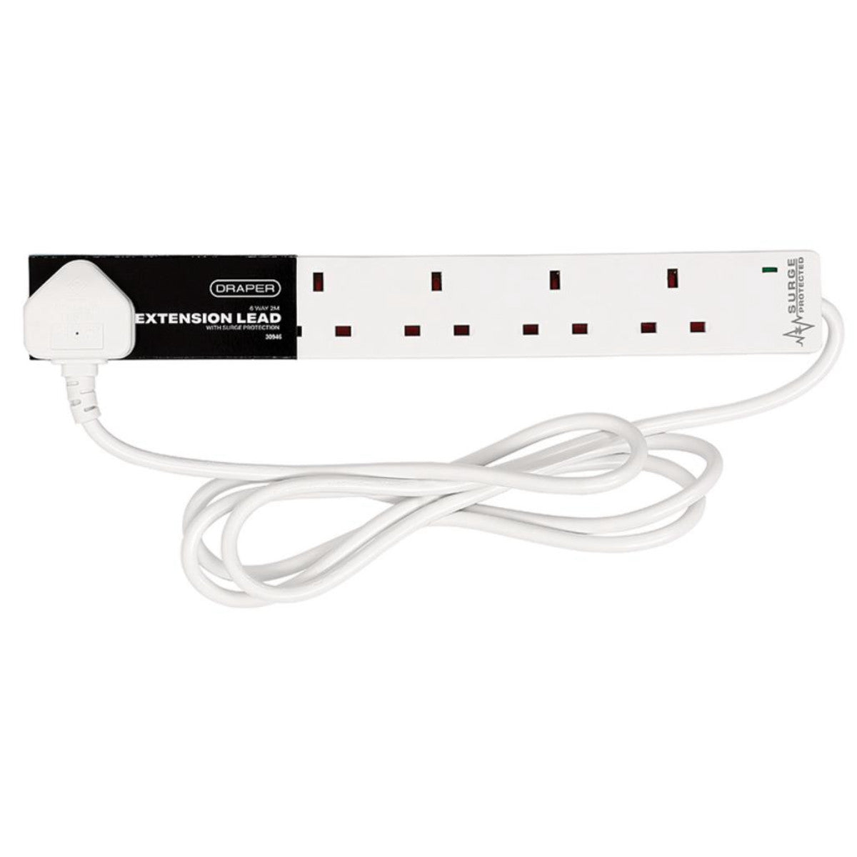 Draper 6 Way White Extension Lead, 2m 30946