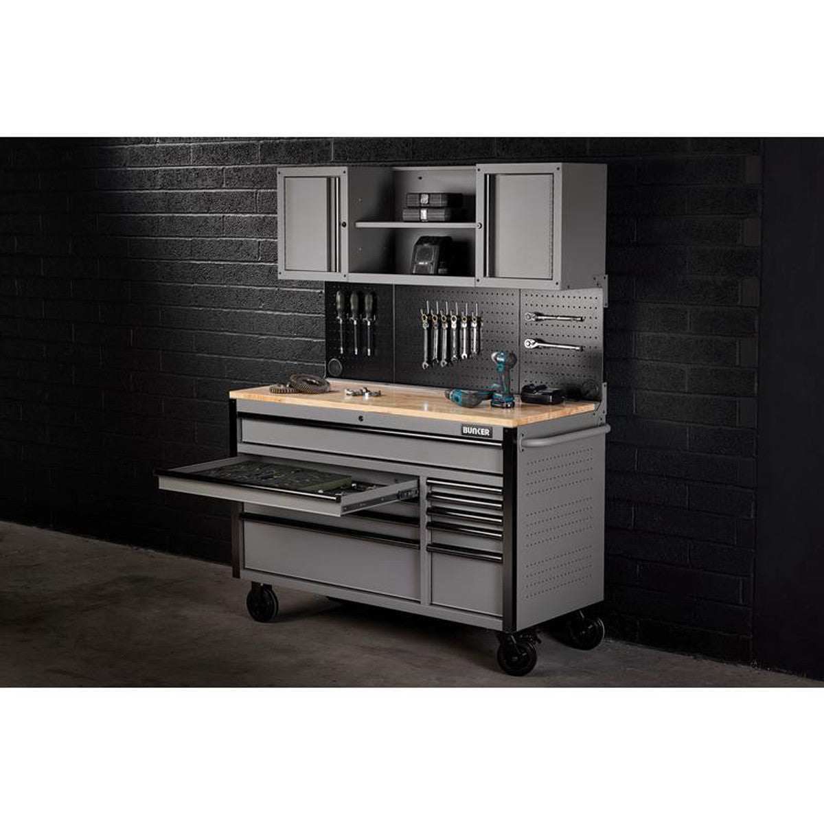 Bunker 10 Drawer Roller Workstation with Workbench, 56", Light Grey 27360