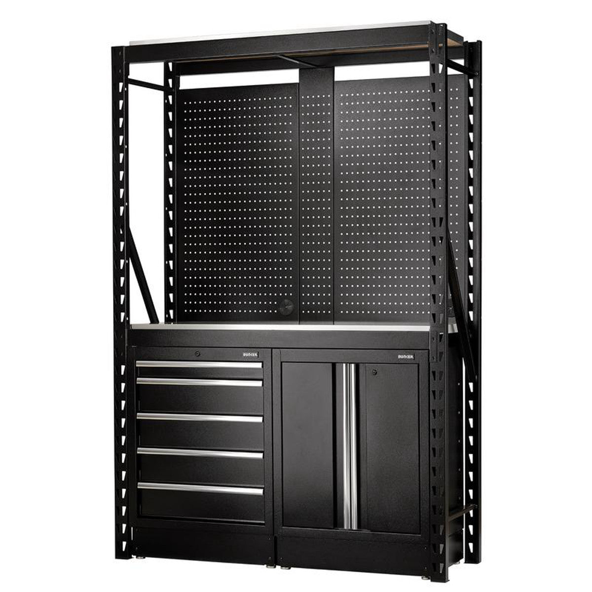 Bunker 15 Piece Modular Storage Combo 2 Tier Racking with Stainless Steel Shelving, Pegboards and Floor Cabinets, 1500mm 32498