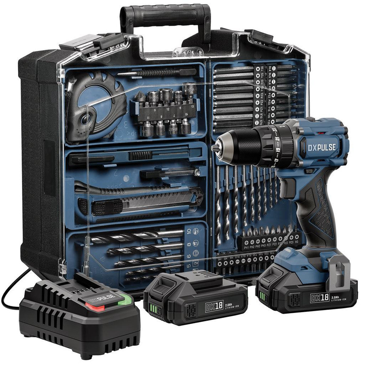 DXPULSE 18V Brushless Combi Drill Kit with 2 x 2Ah Battery and 74pc Accessories 39660