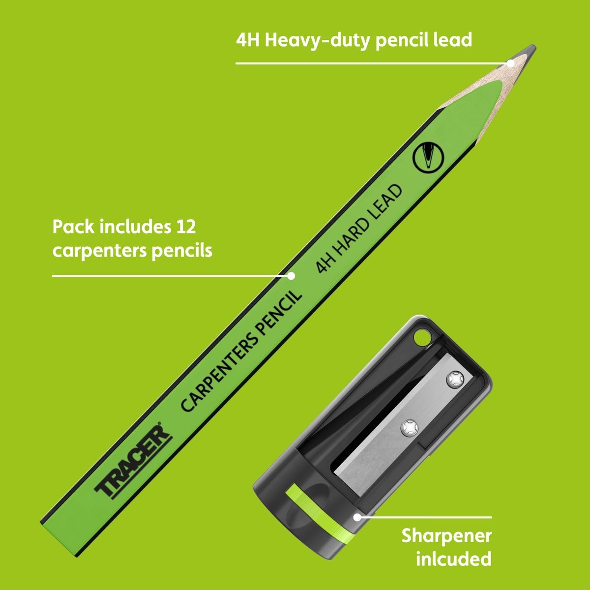 TRACER 4H Carpenters Pencils (Hard Lead) 10pc - c/w Sharpener ACP1