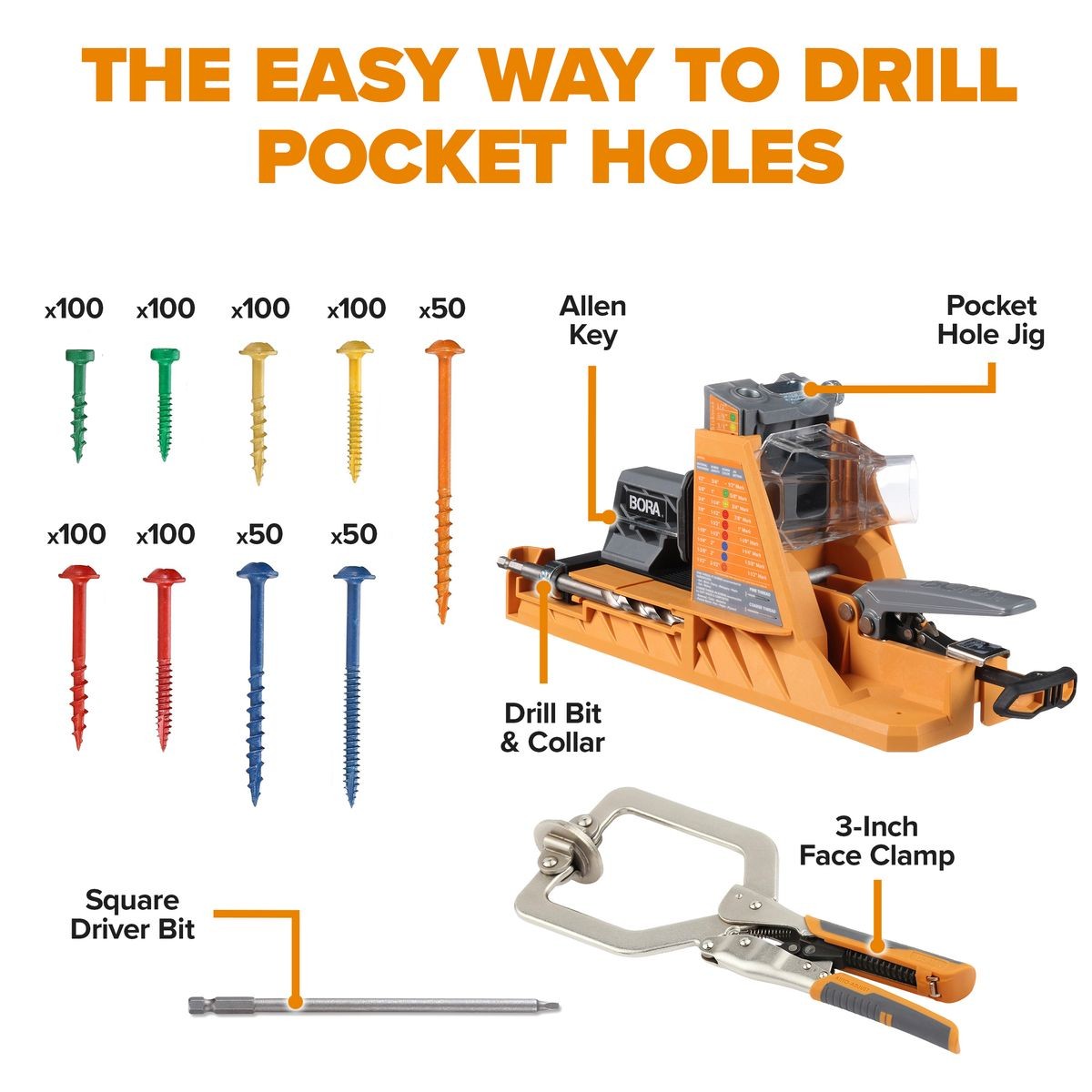 BORA Auto-Jig Pocket Hole System Project Pack with 3-Inch Face Clamp (BR-G060201) and 750-Piece Screw Set BR-A170203