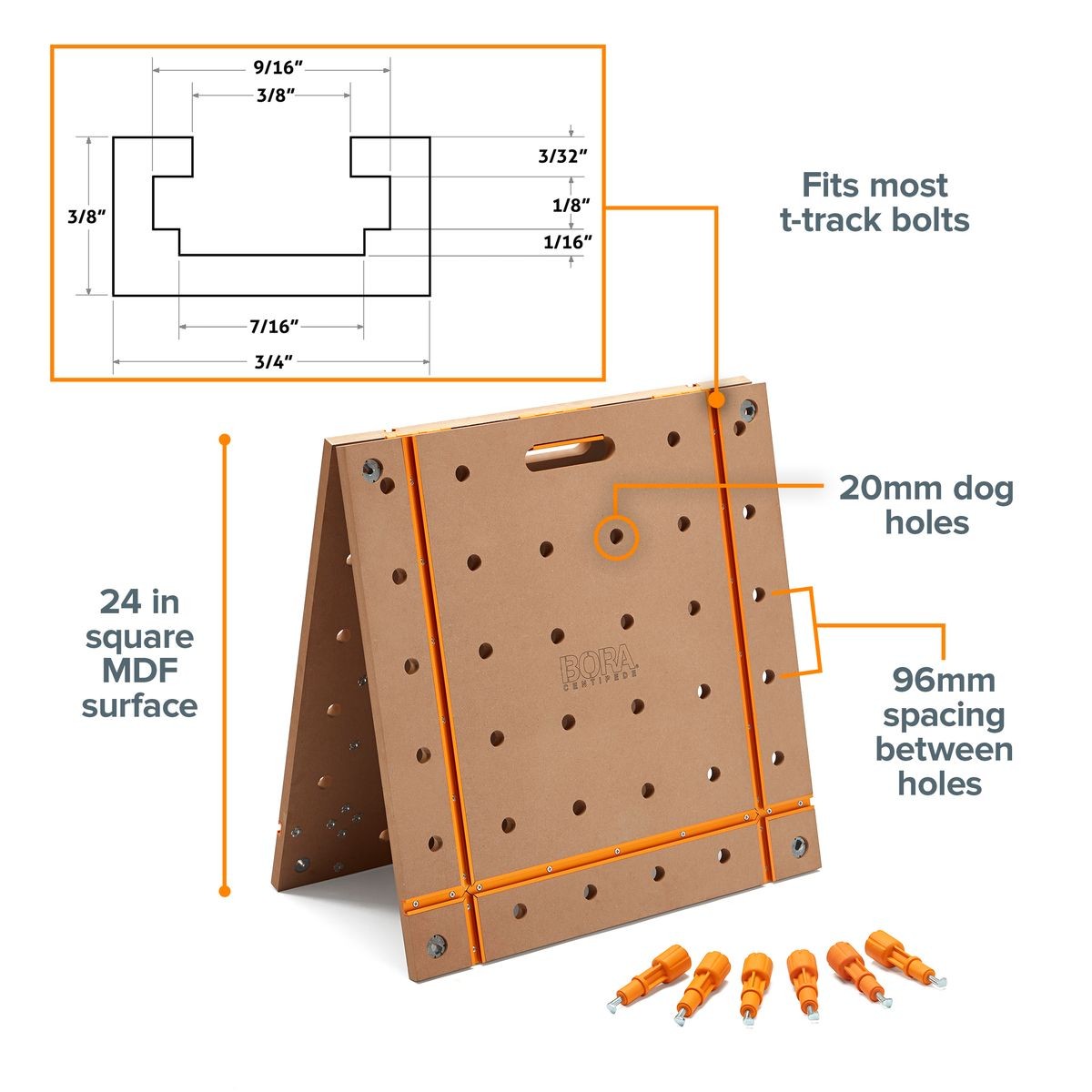 BORA Centipede 2 x 4ft T-Track Tabletop - 20mm Dog Holes CK24TM
