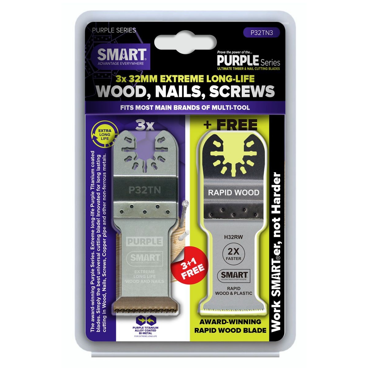 SMART Purple Series 32mm Bi-metal Blade - Pk 3 + FOC H32RW Rapid Wood Blade P32TN3PLUS
