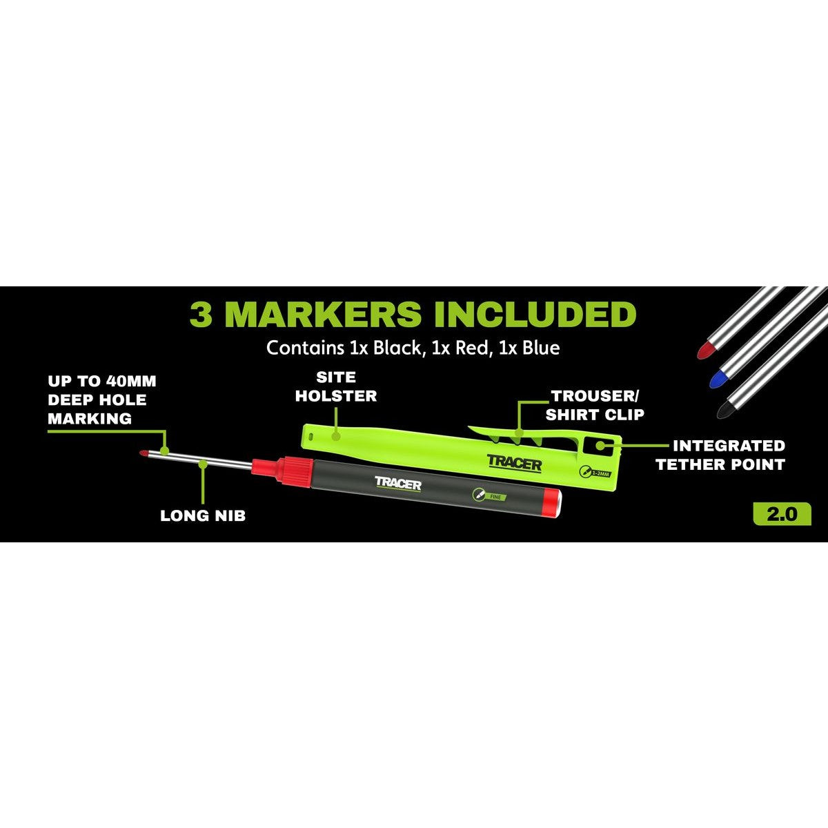 TRACER 2.0 Long Nib Holstered Marker 3pc Kit - Black, Red, Blue TLNPK3