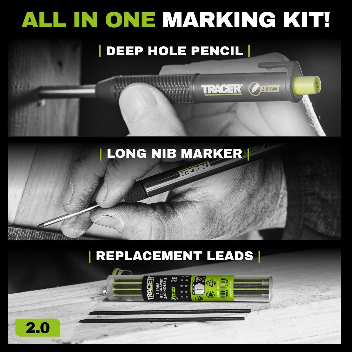TRACER 2.0 3PC Marking Kit - Deep Hole Pencil + Lead Holster + Deep Hole Marker TMK3