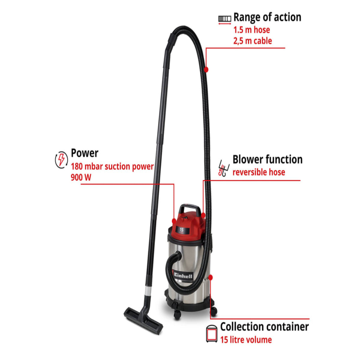 Einhell TC-VC 1540 S Wet/Dry Vacuum Cleaner 15 litre 900W 240V EINTCVC1540S