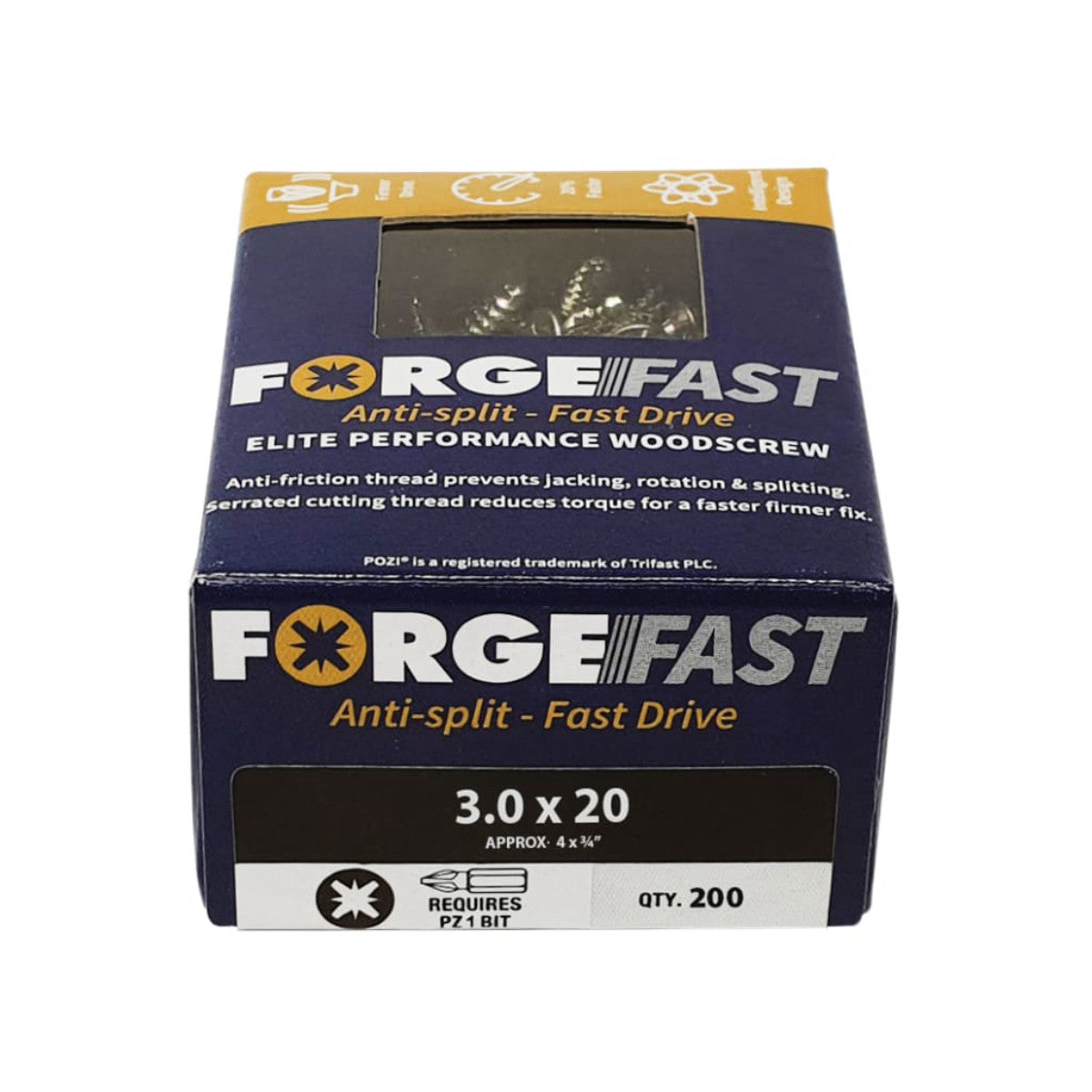 ForgeFix ForgeFast Pozi Compatible Elite Performance Wood Screw ZY 3.0 x 20mm Box 200 FORFFP320Y