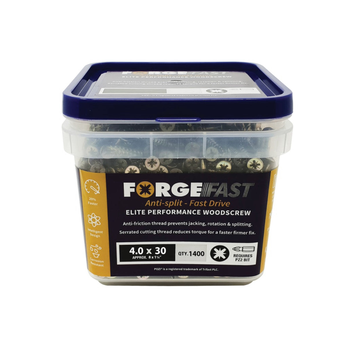 ForgeFix ForgeFast Pozi Compatible Elite Performance Wood Screw ZY 4.0 x 30mm Tub 1400 FORFFP430YT