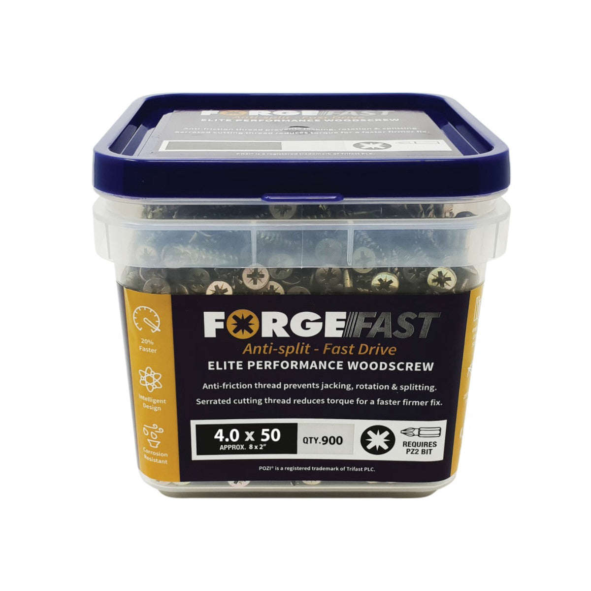 ForgeFix ForgeFast Pozi Compatible Elite Performance Wood Screw ZY 4.0 x 50mm Tub 900 FORFFP450YT