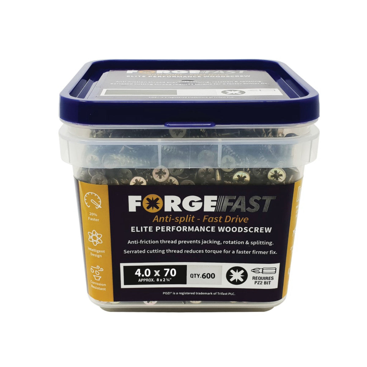 ForgeFix ForgeFast Pozi Compatible Elite Performance Wood Screw ZY 4.0 x 70mm Tub 600 FORFFP470YT