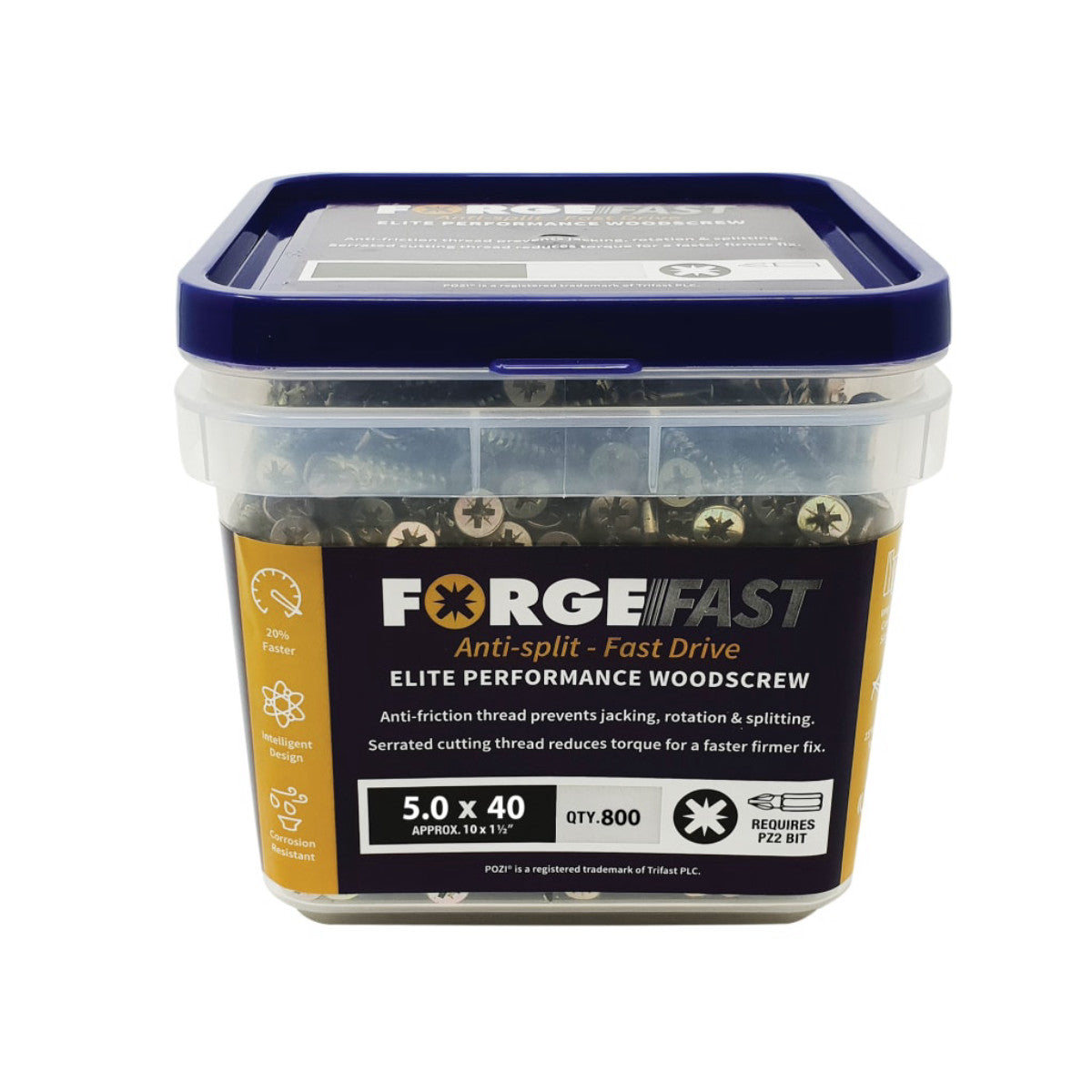 ForgeFix ForgeFast Pozi Compatible Elite Performance Wood Screw ZY 5.0 x 40mm Tub 800 FORFFP540YT