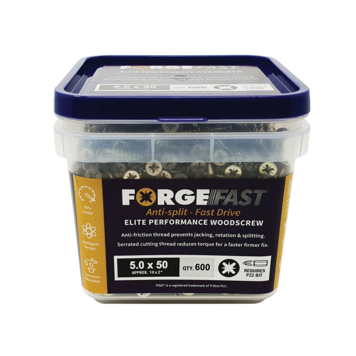 ForgeFix ForgeFast Pozi Compatible Elite Performance Wood Screw ZY 5.0 x 50mm Tub 600 FORFFP550YT