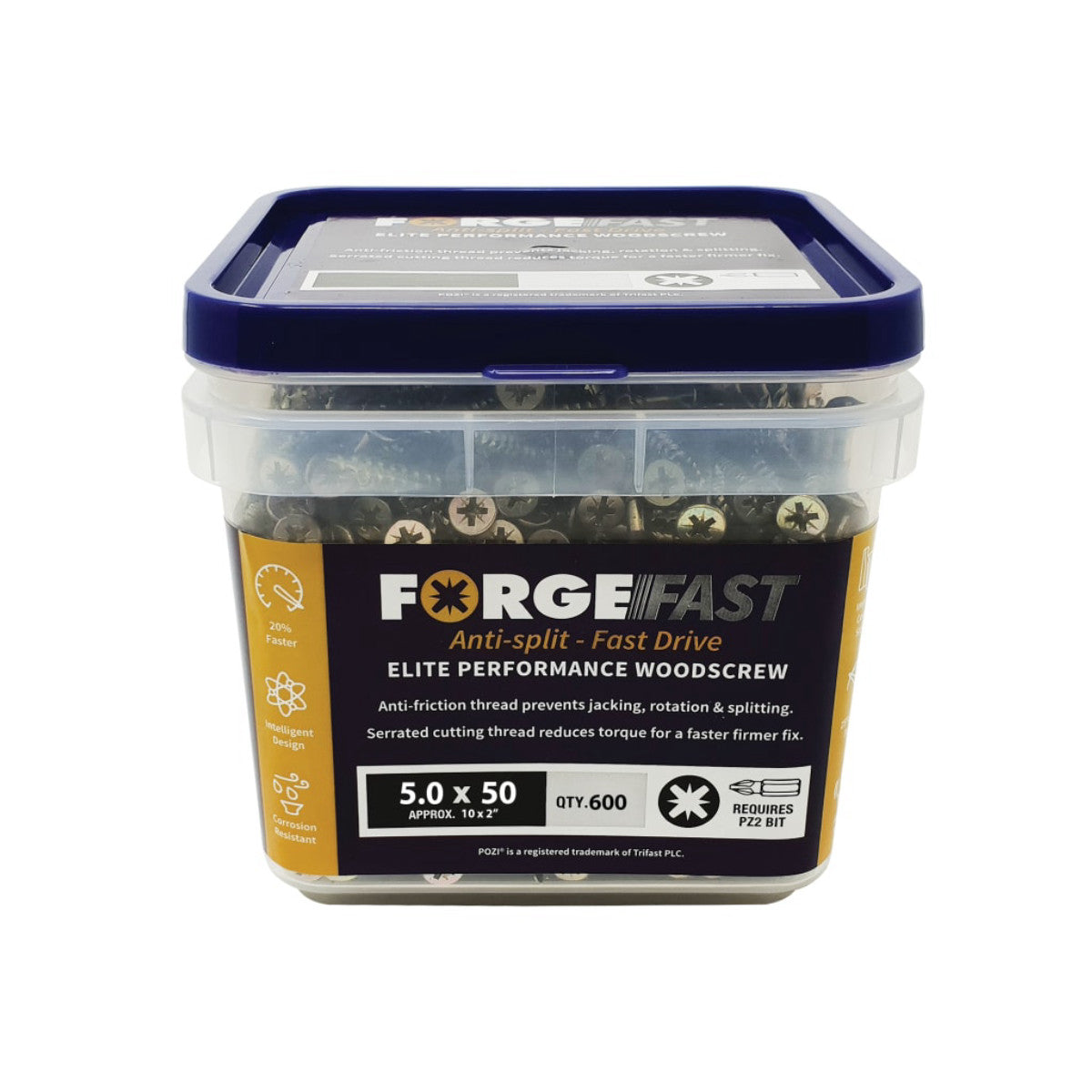 ForgeFix ForgeFast Pozi Compatible Elite Performance Wood Screw ZY 5.0 x 50mm Tub 600 FORFFP550YT