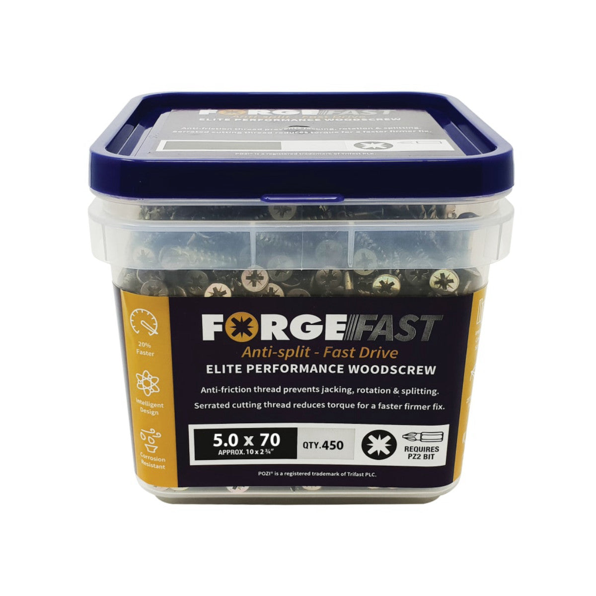 ForgeFix ForgeFast Pozi Compatible Elite Performance Wood Screw ZY 5.0 x 70mm Tub 450 FORFFP570YT