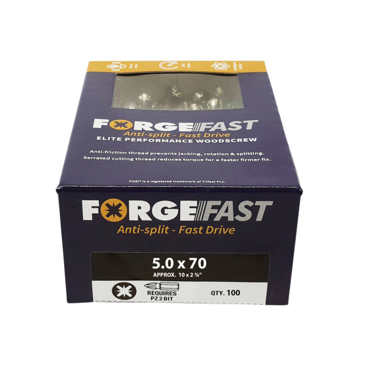 ForgeFix ForgeFast Pozi Compatible Elite Performance Wood Screw ZY 5.0 x 70mm Box 100 FORFFP570Y