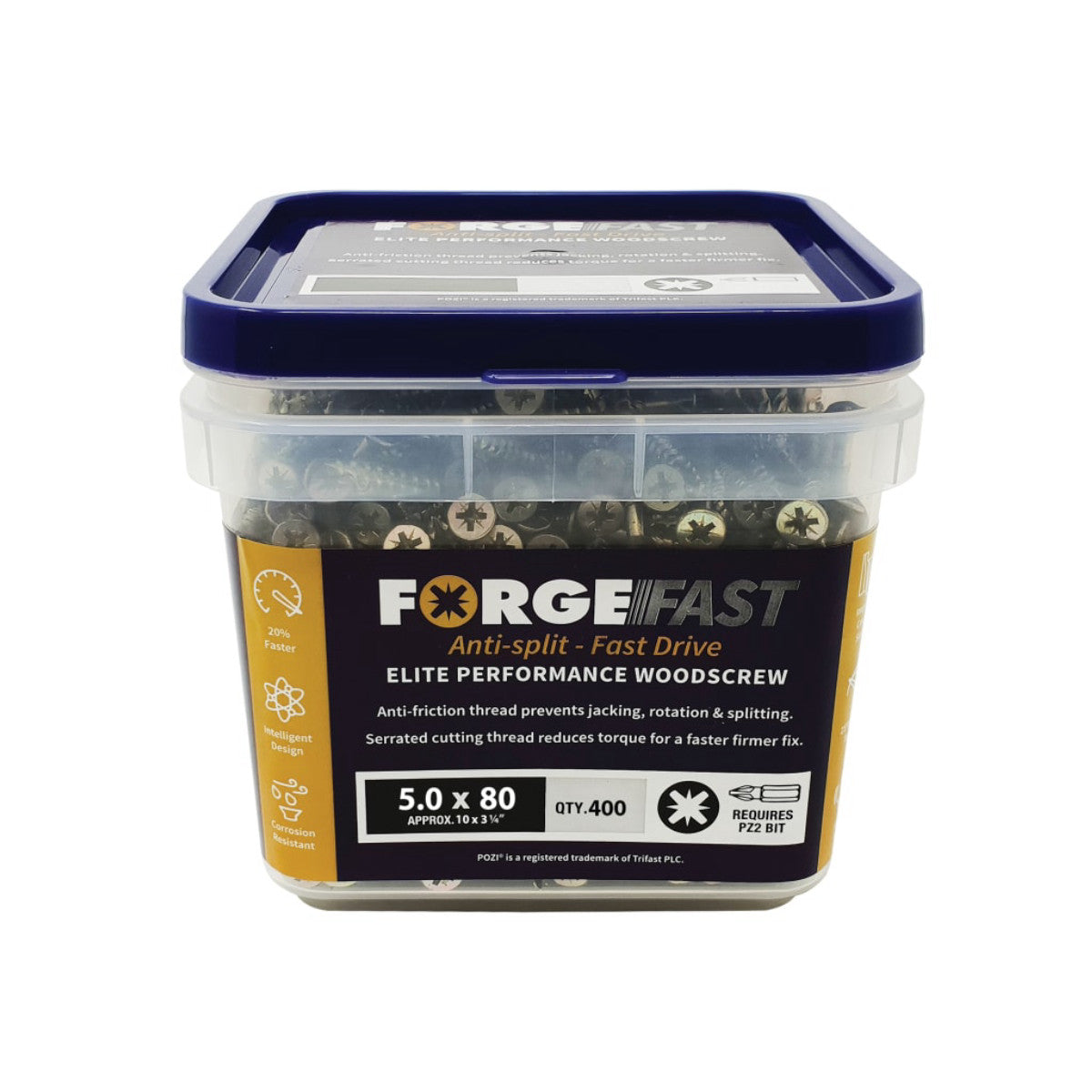 ForgeFix ForgeFast Pozi Compatible Elite Performance Wood Screw ZY 5.0 x 80mm Tub 400 FORFFP580YT