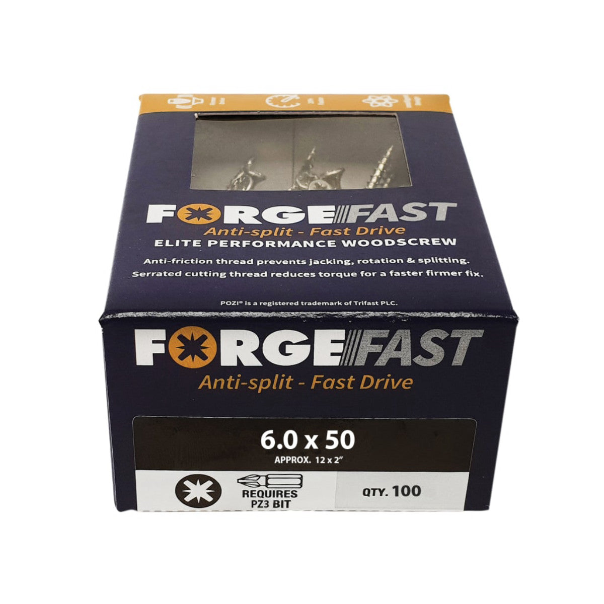 ForgeFix ForgeFast Pozi Compatible Elite Performance Wood Screw ZY 6.0 x 50mm Box 100 FORFFP650Y