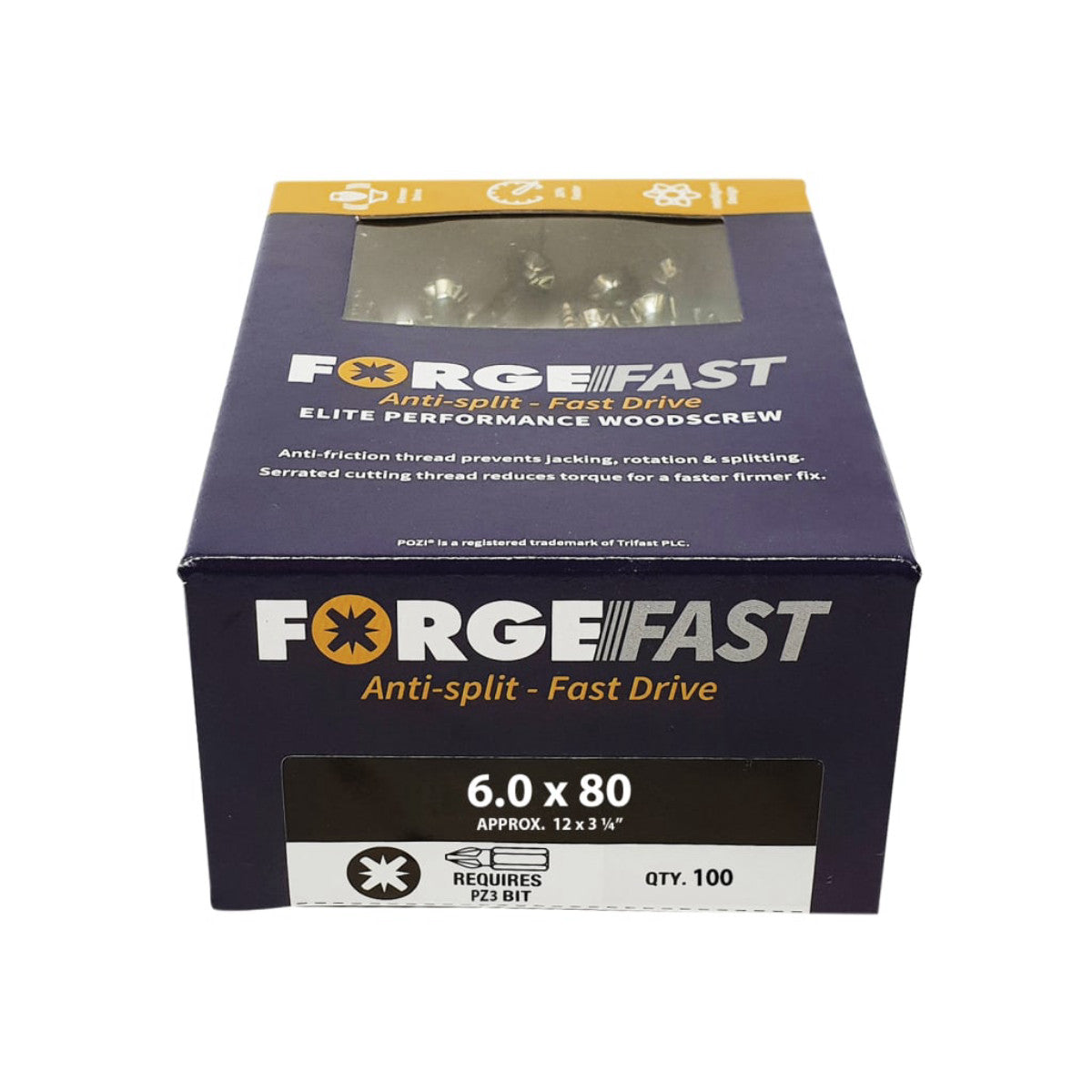 ForgeFix ForgeFast Pozi Compatible Elite Performance Wood Screw ZY 6.0 x 80mm Box 100 FORFFP680Y