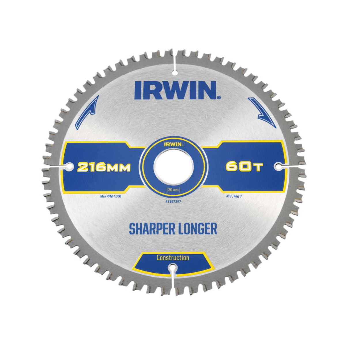 IRWIN Construction Mitre Circular Saw Blade 216 x 30mm x 60T ATB/Neg IRW1897397