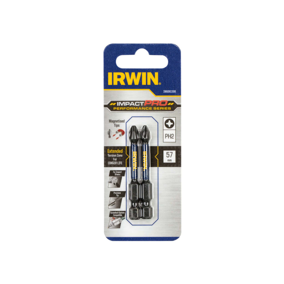 IRWIN Impact Pro Performance Screwdriver Bits PH2 57mm (Pack 2) IRWIW6061306