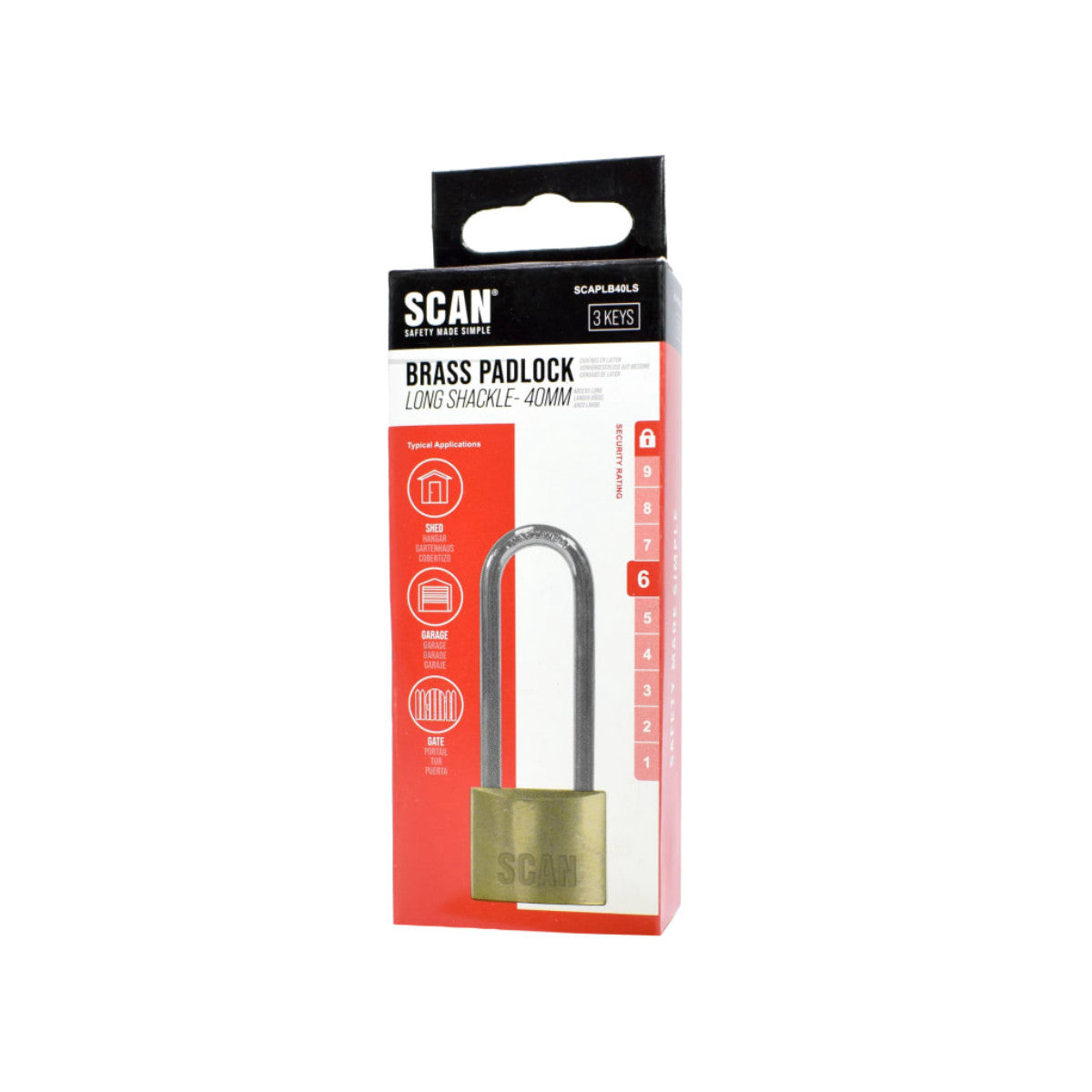 Scan Brass Padlock 40mm Long Shackle SCAPLB40LS
