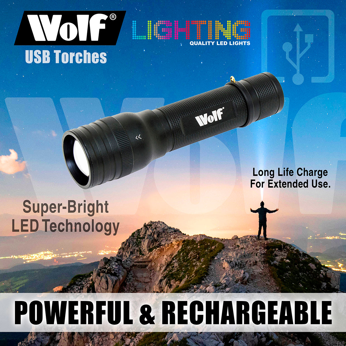 Wolf LED Torch 5w 400lm Rechargeable CREE IP44