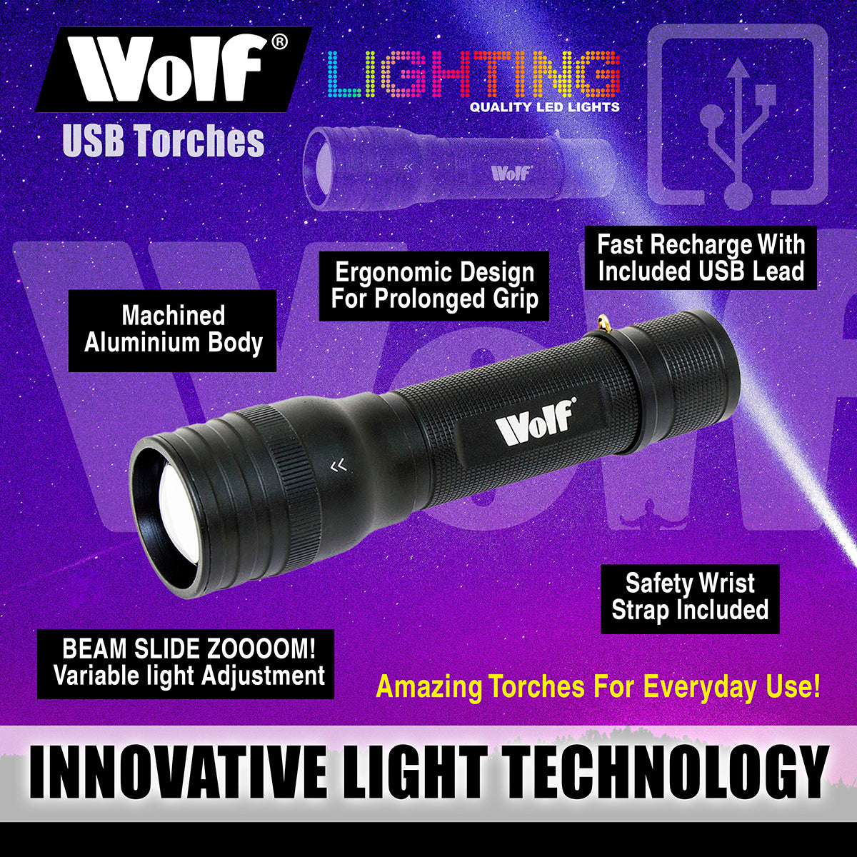 Wolf LED Torch 5w 400lm Rechargeable CREE IP44