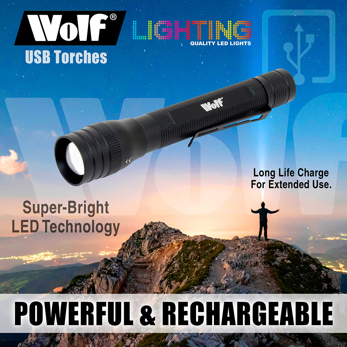 Wolf LED Torch 1w 120lm Rechargeable CREE IP44