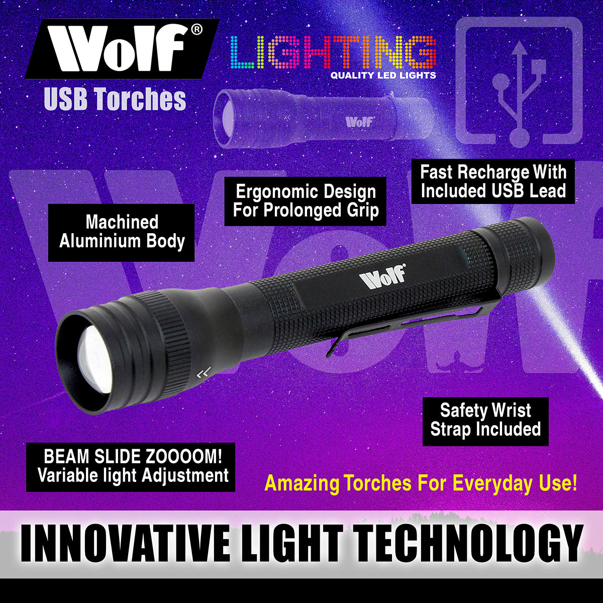 Wolf LED Torch 1w 120lm Rechargeable CREE IP44