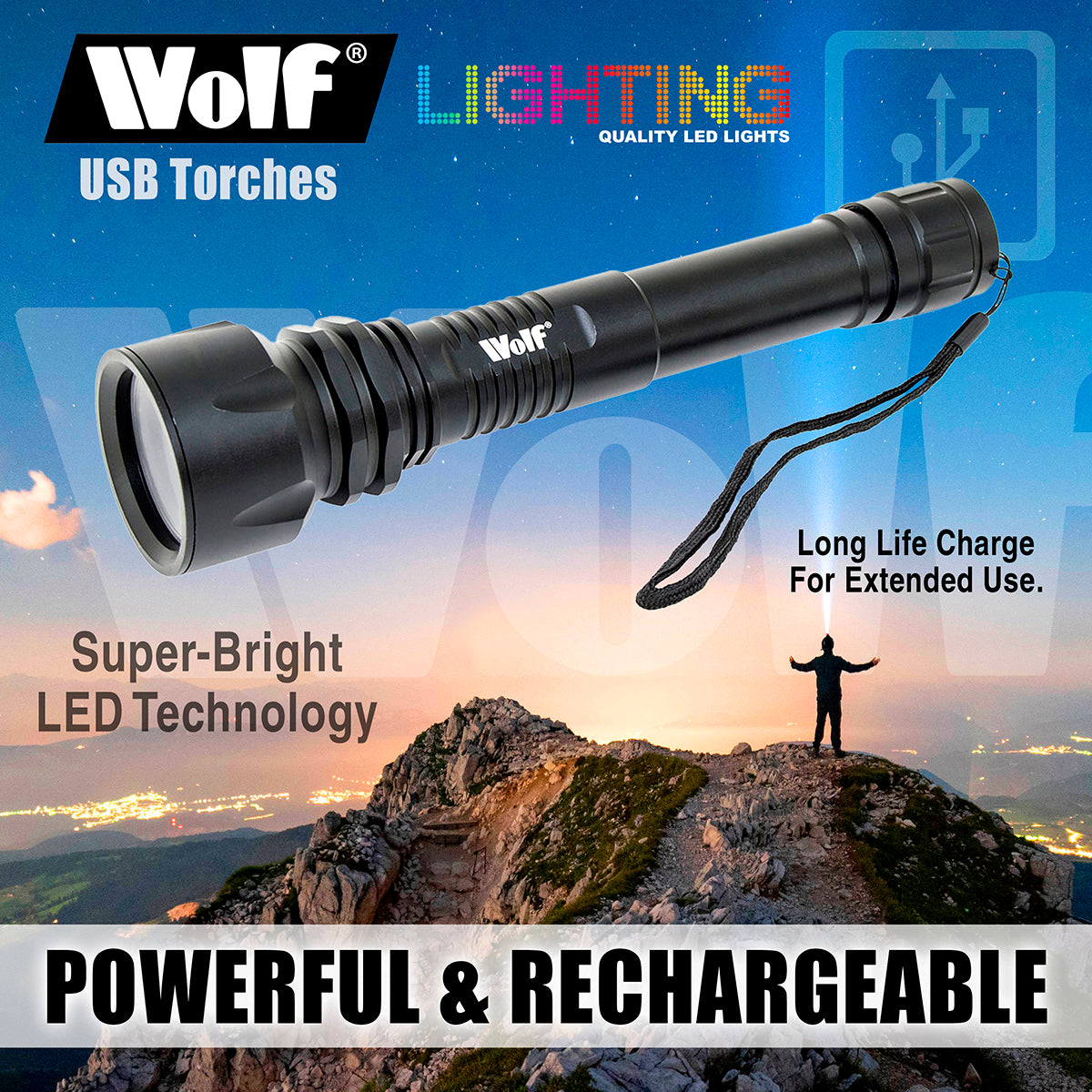 Wolf LED Torch 10w 850lm Rechargeable CREE IP44