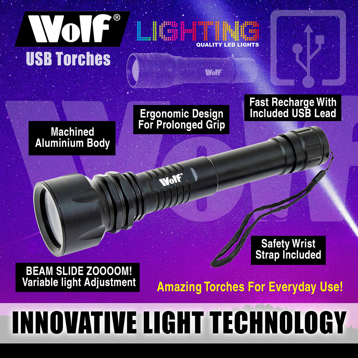 Wolf LED Torch 10w 850lm Rechargeable CREE IP44