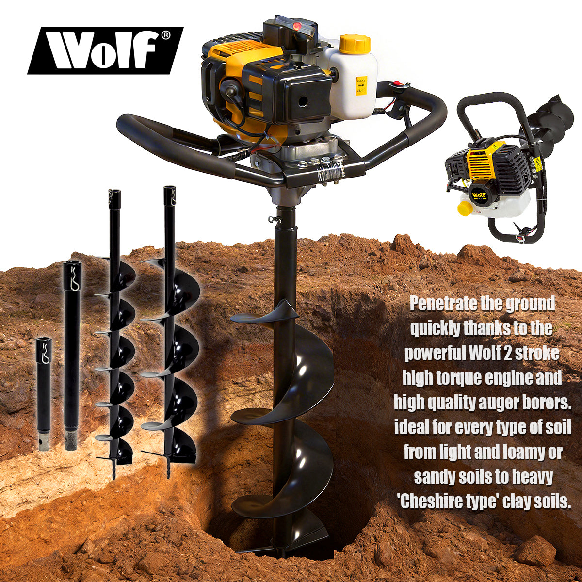 Wolf 52cc Petrol Earth Auger with 2 Extensions
