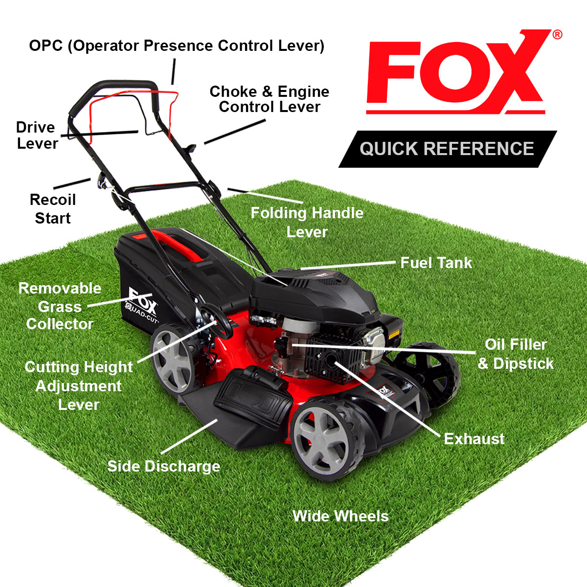 Fox Quad-Cut 460 18" Recoil Self Propelled Petrol Lawn Mower