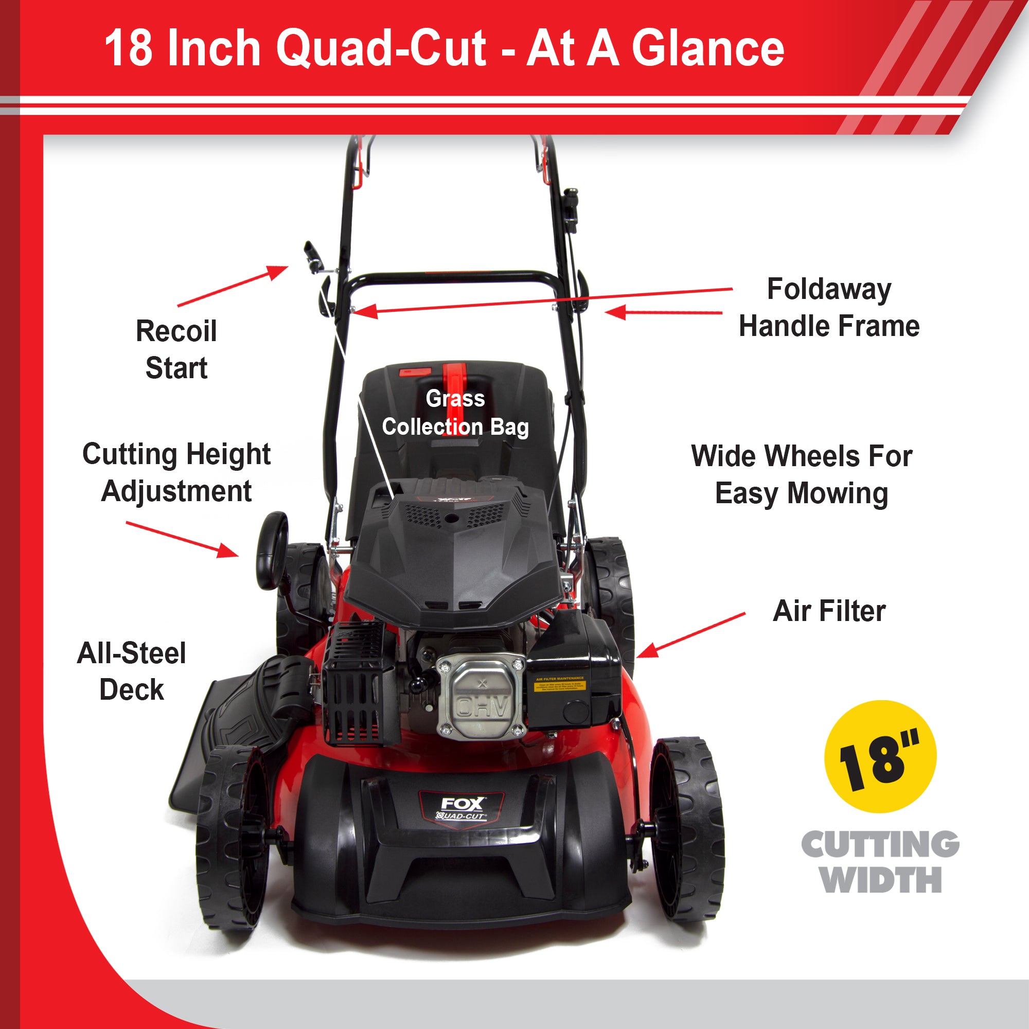 Fox Quad-Cut 460 18" Recoil Self Propelled Petrol Lawn Mower