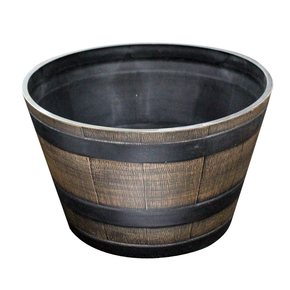 Medium Wooden Barrel Effect Plastic Planter - Image 1