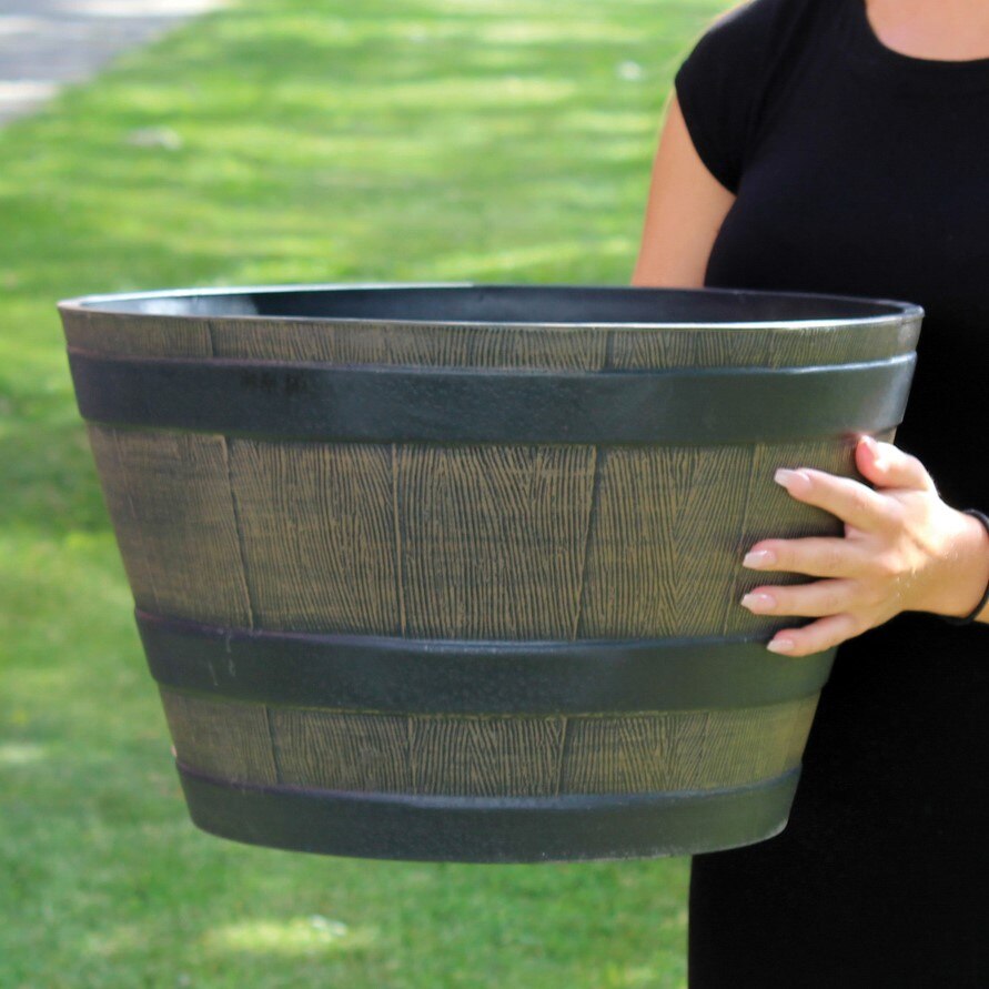 Medium Wooden Barrel Effect Plastic Planter - Image 2