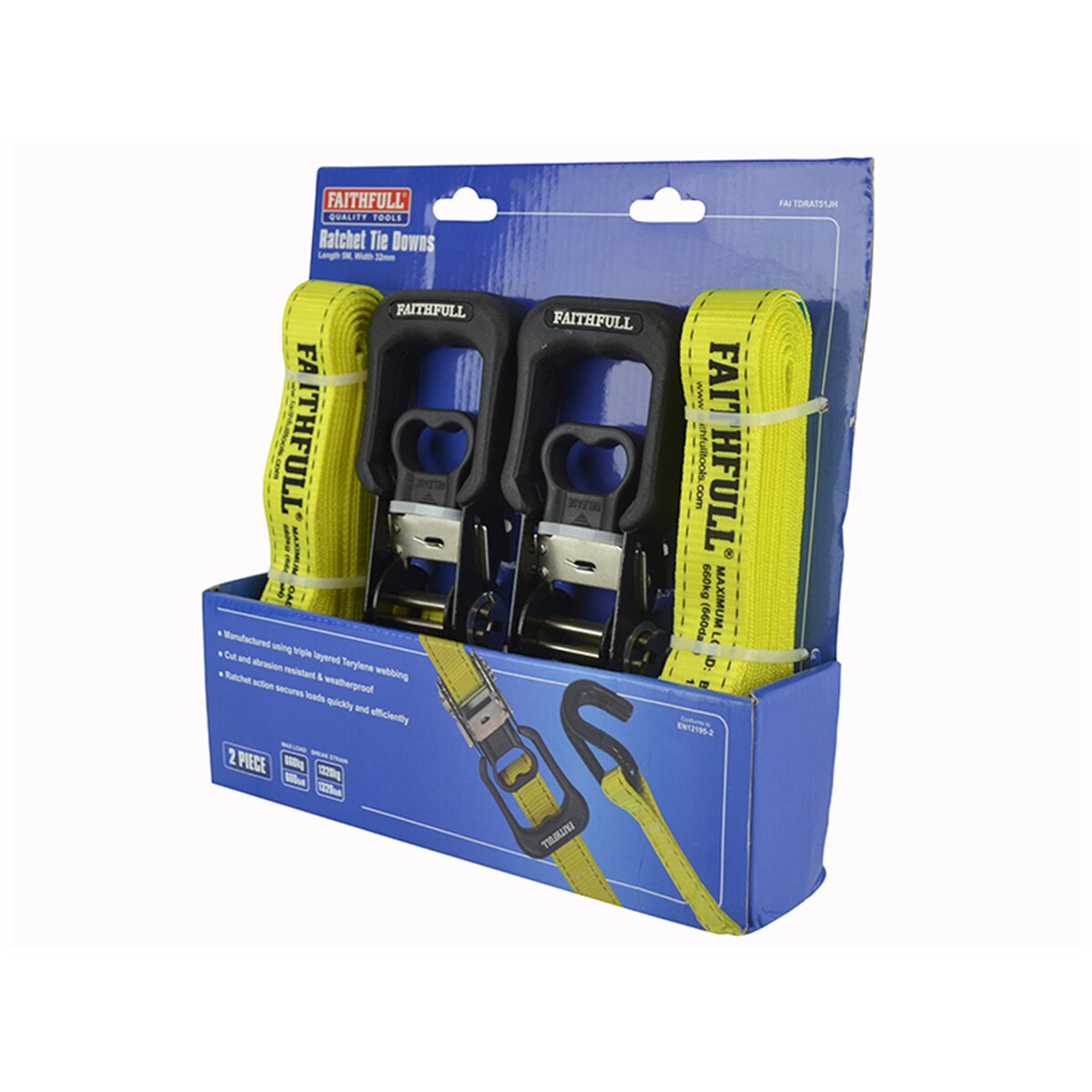 Faithfull Ratchet Tie-Downs J-Hook 5m x 32mm Breaking Strain 1320kg/daN 2 Piece - FAITDRAT51JH - Image 2